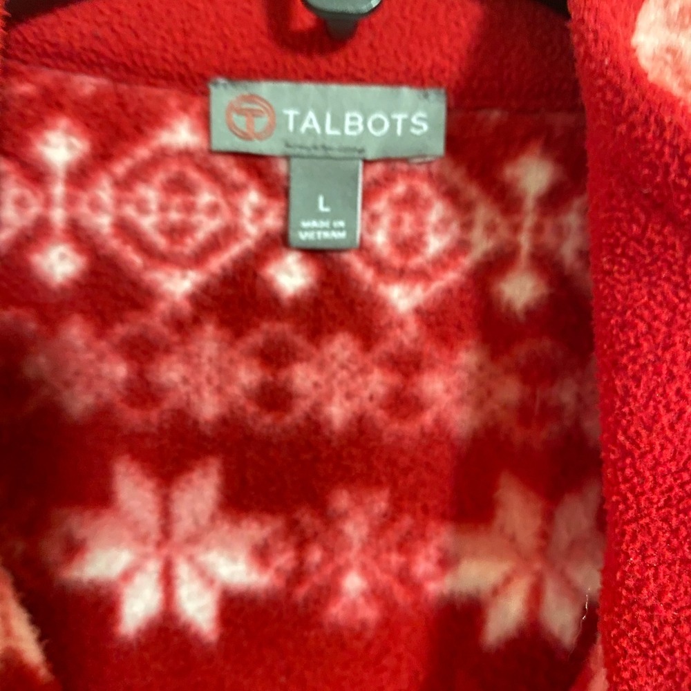 Talbots Fleece Jacket Womens L Red Fair Isle Snowflake Full Zip Mock Neck - Picture 4 of 7